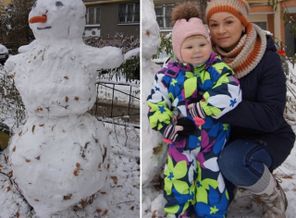 первый снег и папа нам слепил снеговика