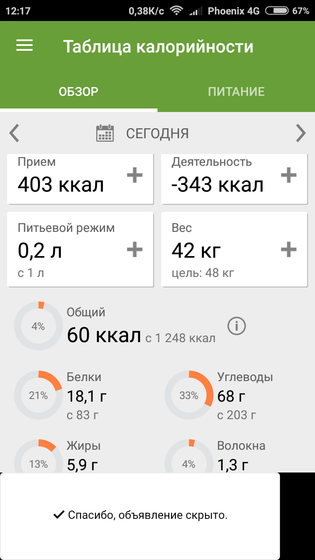 Скачала таблицу калорийности и шагомер